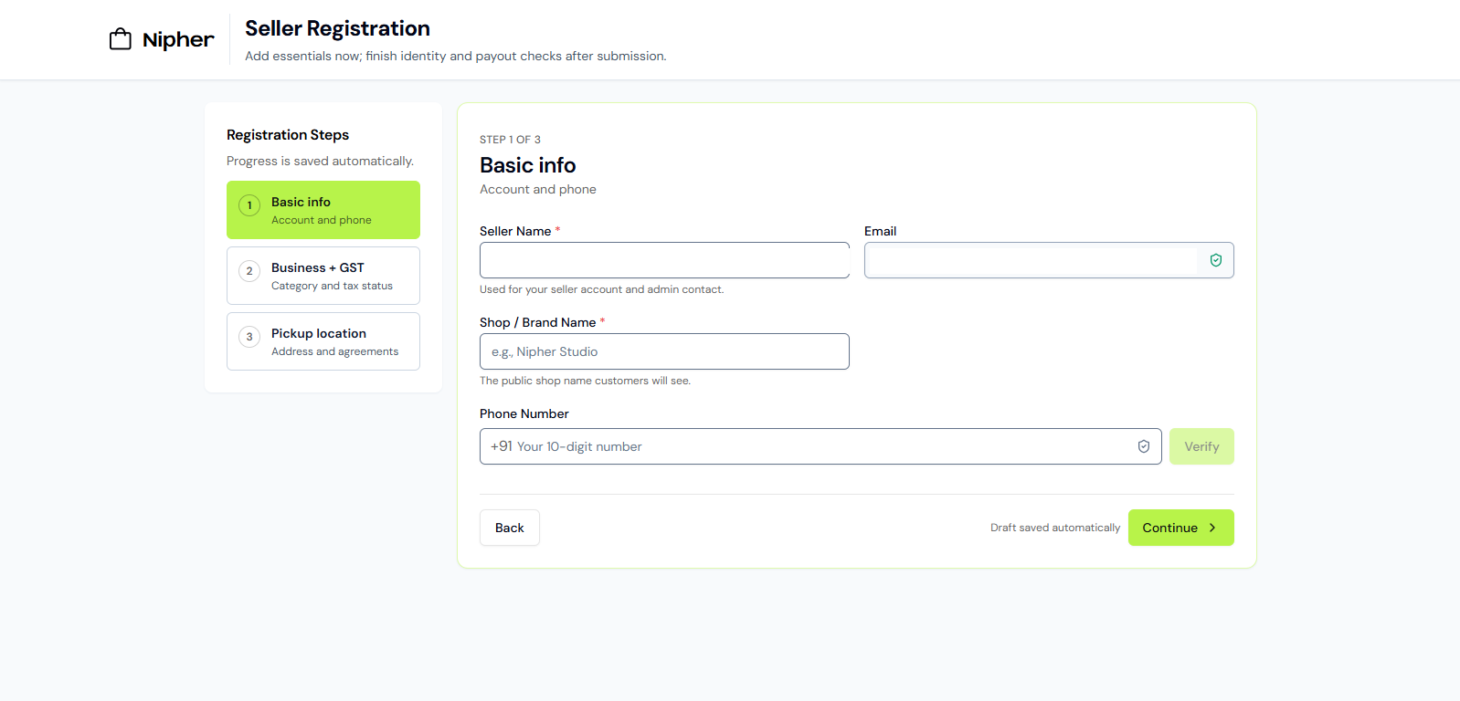 Seller registration step 1: basic info and phone verification