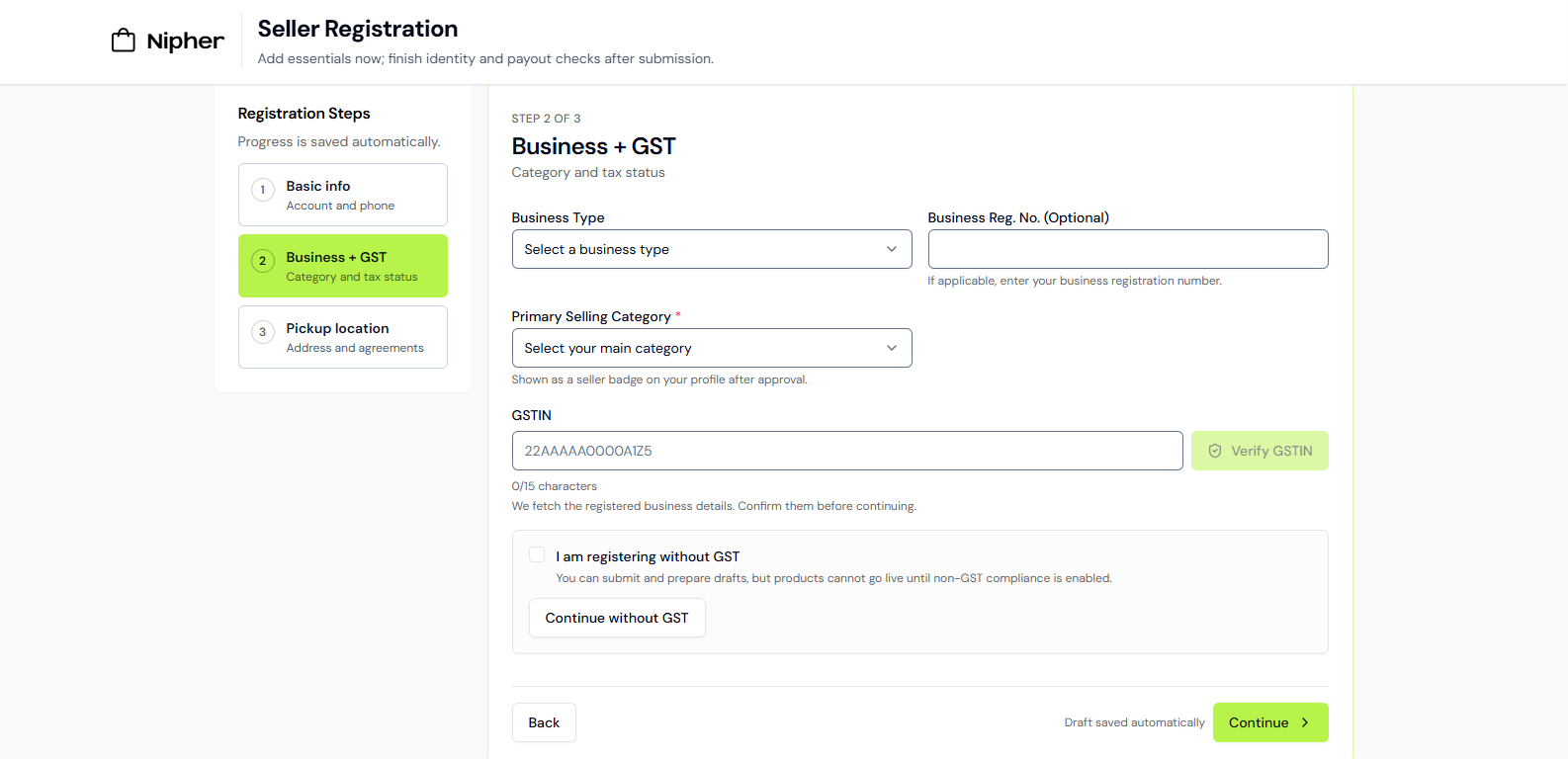 Seller registration step 2: business details and live GSTIN verification