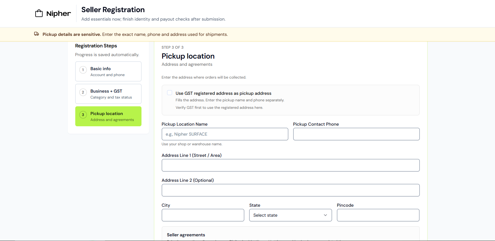 Seller registration step 3: pickup location and agreements
