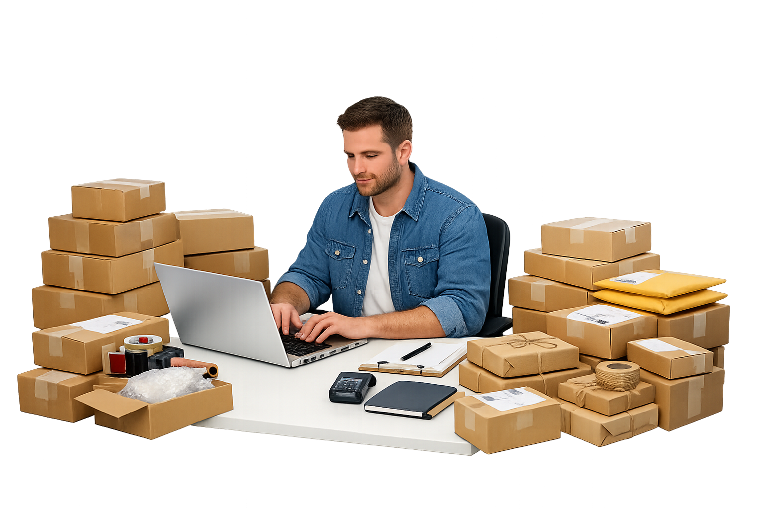 Seller working on a laptop at a desk surrounded by shipping packages ready to sell online