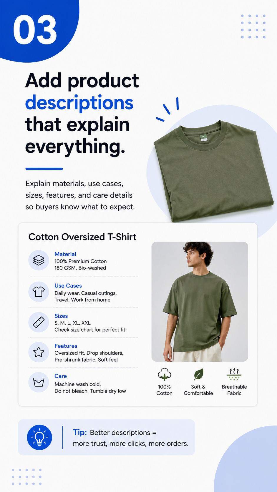 Add detailed product descriptions with materials use cases sizes features and care details