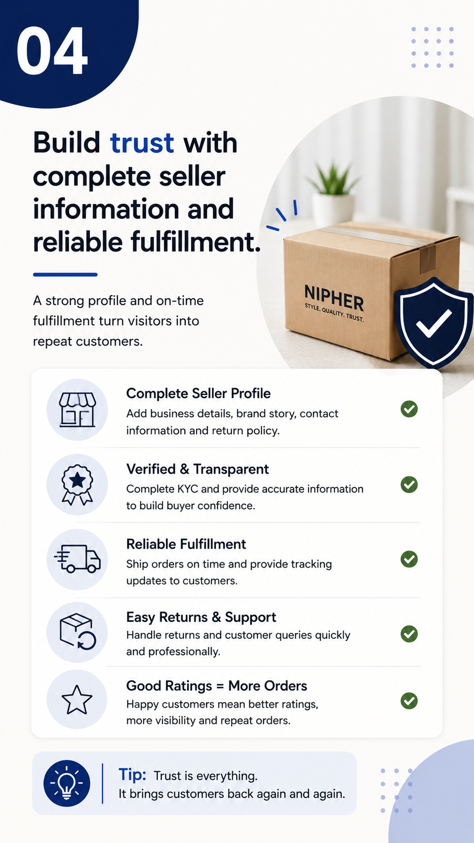Build trust with complete seller profile information and reliable fulfillment